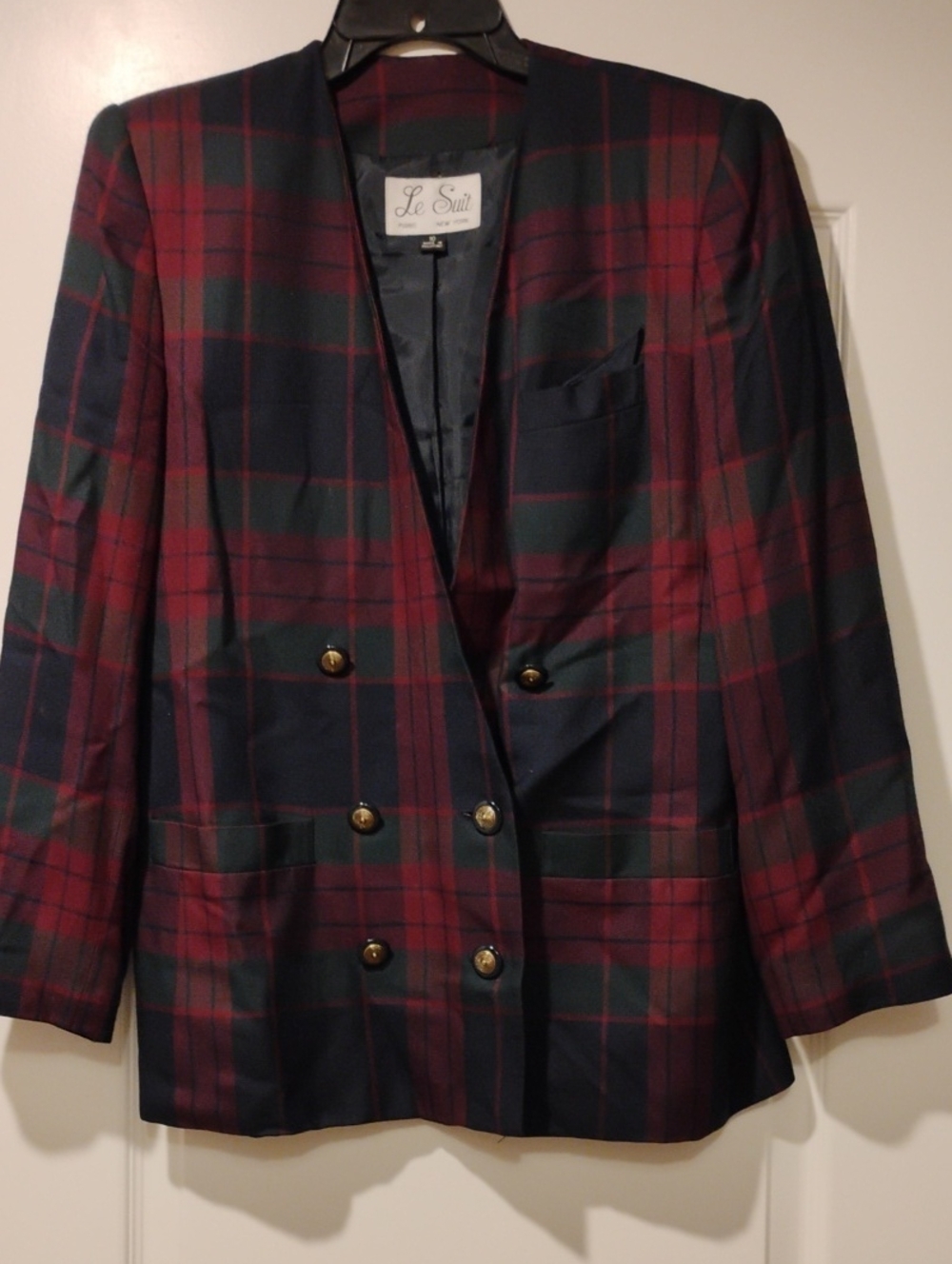 Le Suit Red & Navy Plaid Double-Breasted Blazer with Gold Buttons
